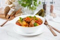 Traditional homemade Hungarian beef meat stew and soup - Goulash with potatoes, carrots , tomatoes, bell pepper Royalty Free Stock Photo