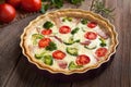 Traditional homemade quiche lorraine tart pie with broccoli and tomatoes