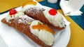 Traditional homemade Sicilian sweet, called cannoli, filling of ricotta cheese cream, sprinkled with sugar powder. With almonds Royalty Free Stock Photo