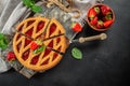 Traditional homemade strawberry pie tart cake sweet baked pastry on a dark background. top view. copy space for text Royalty Free Stock Photo