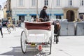 Traditional horse-drawn carriages with cabs for tourists to walk along the ancient streets of Vienna.