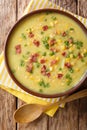 Traditional hot corn chowder with bacon and green onions close-up in a plate. Vertical top view Royalty Free Stock Photo