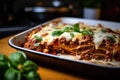 Traditional hot homemade italian lasagna with bolognese sauce and basil just out of the oven Royalty Free Stock Photo