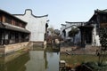 Traditional houses along the Grand Canal, ancient town of Yuehe in Jiaxing, China Royalty Free Stock Photo