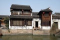 Traditional houses along the Grand Canal, ancient town of Yuehe in Jiaxing, China Royalty Free Stock Photo