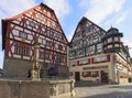 Traditional houses in Markplatz and fountain on the foreground.