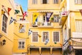 Traditional houses of the old town of Corfu Greece. Photo of street and buildings in the european town Royalty Free Stock Photo