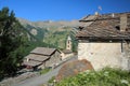 Traditional houses and roofs, with Reformee church, Saint Veran, Queyras Regional Natural Park