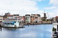 Traditional houses, windmil, canal in Leiden, Netherlands Royalty Free Stock Photo