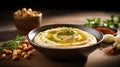 Traditional Hummus Served in a Bowl Garnished With Parsley and Paprika