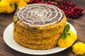 Traditional Hungarian Esterhazy cake .selective focus . with chocolate piece a name of the : Royalty Free Stock Photo