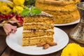 Traditional Hungarian Esterhazy cake .selective focus . with chocolate piece a name of the : Royalty Free Stock Photo