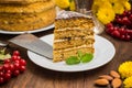 Traditional Hungarian Esterhazy cake .selective focus . with chocolate piece a name of the : Royalty Free Stock Photo