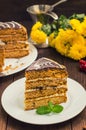 Traditional Hungarian Esterhazy cake .selective focus . with chocolate piece a name of the : Royalty Free Stock Photo