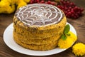 Traditional Hungarian Esterhazy cake .selective focus . with chocolate piece a name of the : Royalty Free Stock Photo