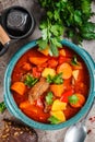 Traditional hungarian goulash. Beef stew with potatoes, carrots and paprika in blue dish, top view Royalty Free Stock Photo