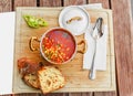 Hungarian goulash soup with a beautiful serving in the national restaurant. The concept of local cuisine in Budapest Royalty Free Stock Photo