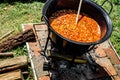 Traditional Hungarian goulash soup in the cauldron Royalty Free Stock Photo