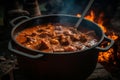 A traditional Hungarian goulash stew bubbling in a cauldron over an open fire. Capture the hearty, comforting food that keeps