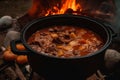 A traditional Hungarian goulash stew bubbling in a cauldron over an open fire. Capture the hearty, comforting food that keeps