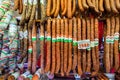 Traditional hungarian homemade sausages at farmers market