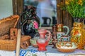 Traditional Hungarian objects exhibited on one home porch