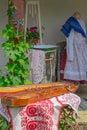 Traditional Hungarian objects exhibited on one home porch