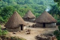 Traditional huts in lush green landscape, stone and thatch structures, rural setting Royalty Free Stock Photo