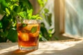 Traditional iced tea with mint, lemon and ice in tall glass. Summer drinks. Generative AI Royalty Free Stock Photo