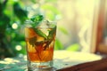 Traditional iced tea with mint, lemon and ice in tall glass. Summer drinks. Generative AI Royalty Free Stock Photo