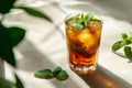 Traditional iced tea with mint, lemon and ice in tall glass. Summer drinks. Generative AI Royalty Free Stock Photo