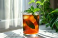 Traditional iced tea with mint, lemon and ice in tall glass. Summer drinks. Generative AI Royalty Free Stock Photo