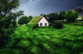 Traditional Icelandic houses with grass roof. A colorful starry sky above them