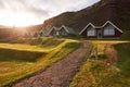 Traditional Icelandic houses with grass roof in Skogar Folk Museum, Iceland