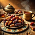 Traditional Iftar or Suhoor Setting: Dates, Tea, and Teapot on a Rustic Wooden Table AI-GENERATED Royalty Free Stock Photo