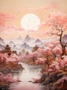 traditional illustration portraying an oriental landscape with influences from Chinese and Japanese artistic traditions.