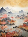 traditional illustration portraying an oriental landscape with influences from Chinese and Japanese artistic traditions.
