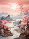 traditional illustration portraying an oriental landscape with influences from Chinese and Japanese artistic traditions.