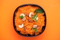 Indian carrot Gajar halwa. Copyspace, top view, flatlay. Color s