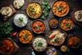 Traditional Indian dishes on the wooden table, assorted spicy food, top view, ai generated Royalty Free Stock Photo