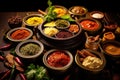 Traditional Indian dishes on the wooden table, selection of assorted spicy food Royalty Free Stock Photo