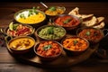 Traditional Indian dishes on the wooden table, selection of assorted spicy food Royalty Free Stock Photo