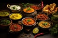 Traditional Indian dishes on the wooden table, selection of assorted spicy food Royalty Free Stock Photo