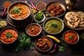 Traditional Indian dishes on the wooden table, selection of assorted spicy food Royalty Free Stock Photo