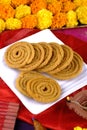 Traditional Indian Diwali snacks Chakali, murukku, Indian Traditional Tea Time Snack Chakli, Murukku, Muruku, Murkoo, Chakri, Royalty Free Stock Photo