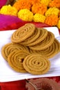 Traditional Indian Diwali snacks Chakali, murukku, Indian Traditional Tea Time Snack Chakli, Murukku, Muruku, Murkoo, Chakri, Royalty Free Stock Photo