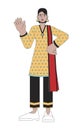 Traditional indian ethnic wear woman waving 2D linear cartoon character Royalty Free Stock Photo