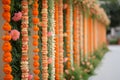 Traditional Indian floral garland toran made of marigold or zendu flower decorated temple or home Royalty Free Stock Photo