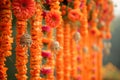Traditional Indian floral garland toran made of marigold or zendu flower decorated temple or home Royalty Free Stock Photo