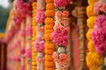 Traditional Indian floral garland toran made of marigold or zendu flower decorated temple or home Royalty Free Stock Photo